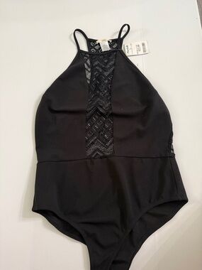 Black High Neck One-Piece Swimsuit with Lace Inset